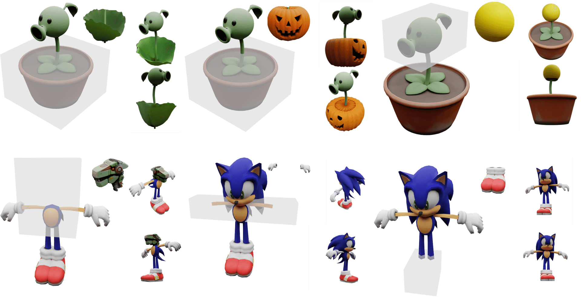 EditVerse3D teaser: qualitative editing results across diverse 3D objects